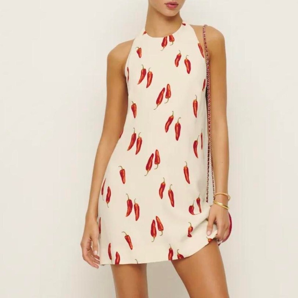 Reformation Cream and Red Sheath Dress Halter Neck Sleeveless Avielle Dress NWT
